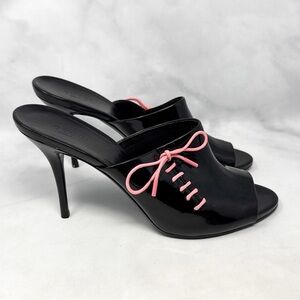 GUCCI Vintage Y2K Patent Leather Bow Lace Up Open Toe Stiletto Mule Heels Black